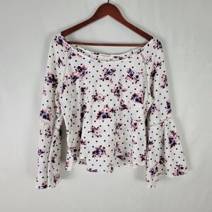 Living Doll Shirt Womens 1 Crop Top Floral‎ Long Bell Sleeve Boat Neck Blouse